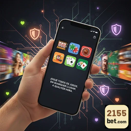 Imagem de celular exibindo jogos e opções VIP na 2155bet.