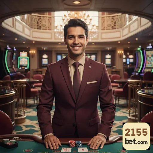 Profissional em cassino da 2155bet apresentando serviços VIP.