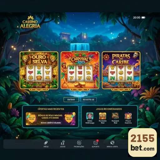 Tela do 2155bet exibindo slots de Ouro Selva, Carnaval do Rio e Piratas do Caribe.