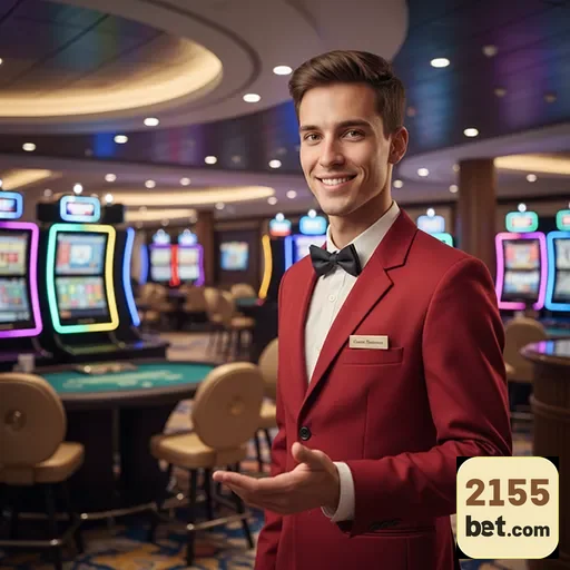 Atendente sorridente da 2155bet em cassino elegante.