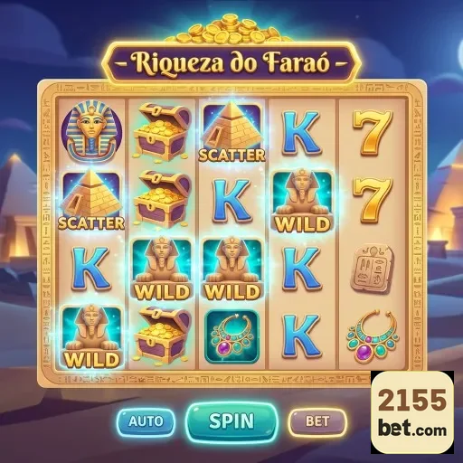 A imagem mostra o slot 'Riqueza do Faraó' no 2155bet.